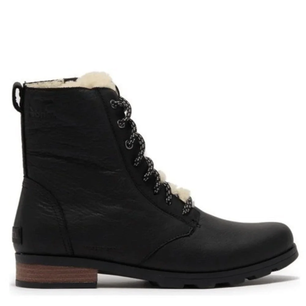 SOREL Emelie Genuine Shearling Lamb Fur Short Lace-Up Boot, Black, Size 8.5, NWT